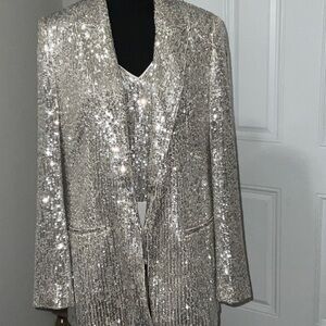 Express Silver Sequin Blazer with matching bodysuit.